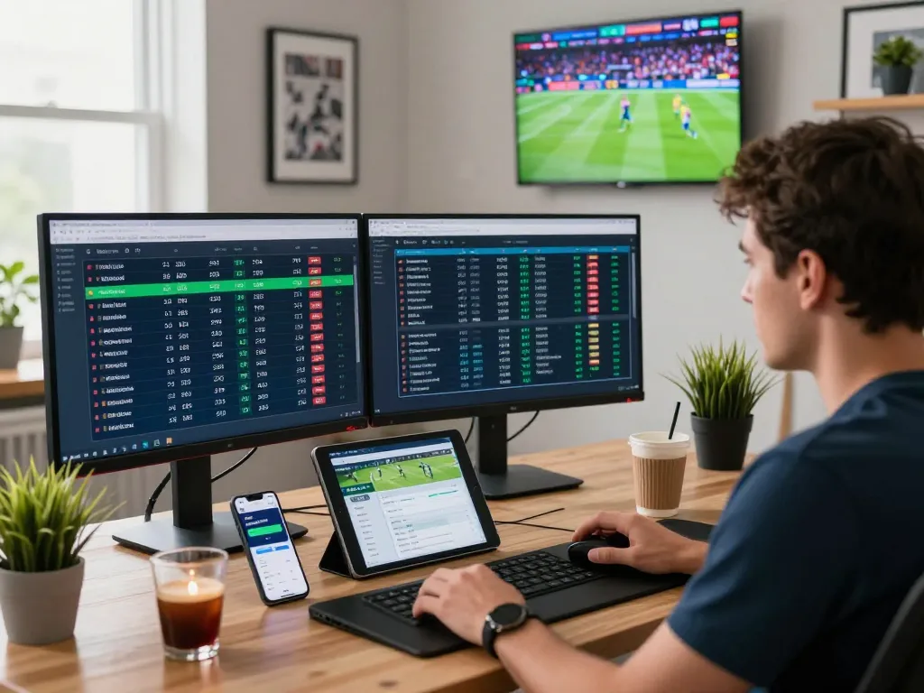 Myfairplay pro login setup in a modern home office with live sports betting screens and engaging workspace elements