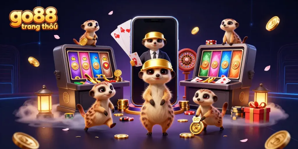 Experience Go88 trang chủ with lively meerkats running a vibrant casino scene featuring slot games and dynamic elements.
