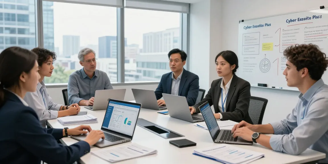 Team discussing cyber essentials plus cost in a modern office environment with data analytics on display.