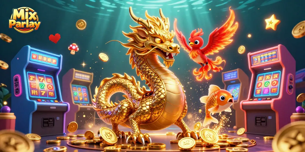 Engage in Mix Parlay betting with a powerful Chinese dragon and playful phoenix amidst flowing coins and gaming elements.