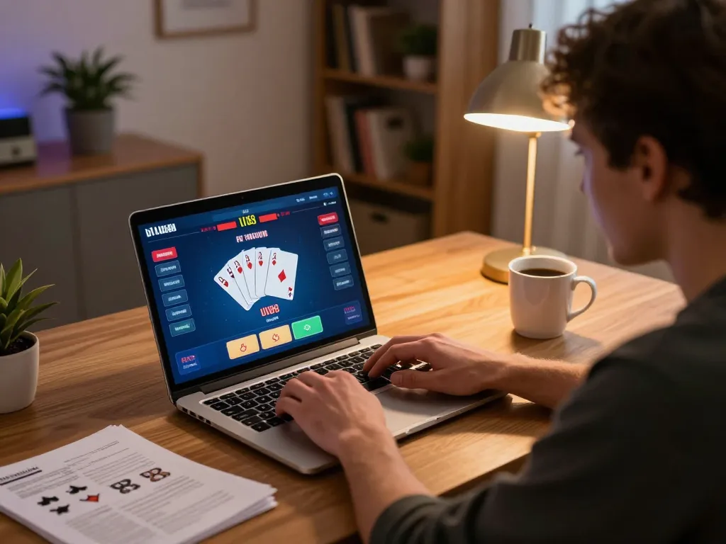 Player using laptop for online poker gaming at UU88, showcasing strategic gameplay.