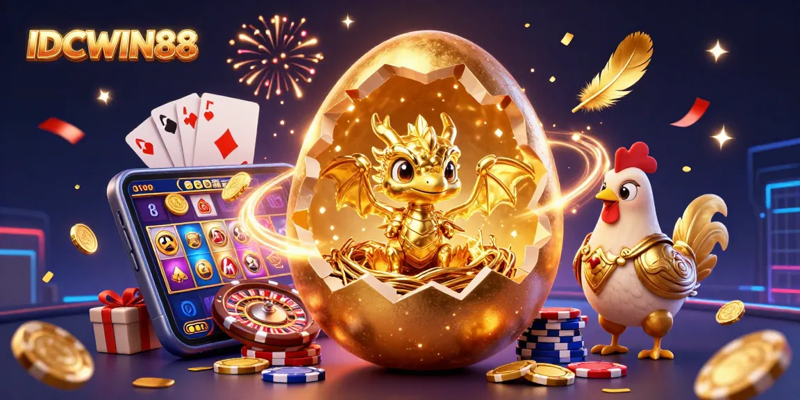 Experience thrilling wins with IDCWIN88 at this vibrant casino scene featuring a golden dragon and gaming excitement.