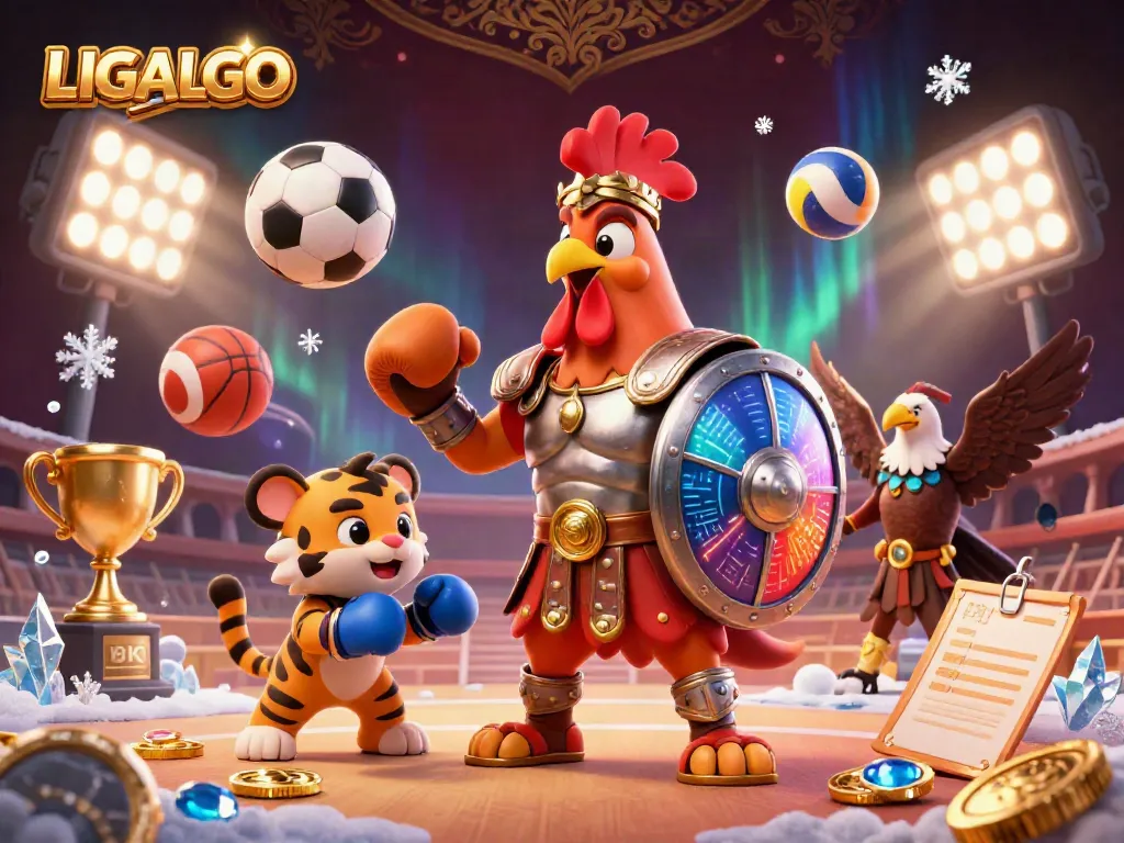 LIGALGO delivers intense action with a 3D gladiator rooster, tiger cub sparring partner, and sports elements in a dynamic illustration.