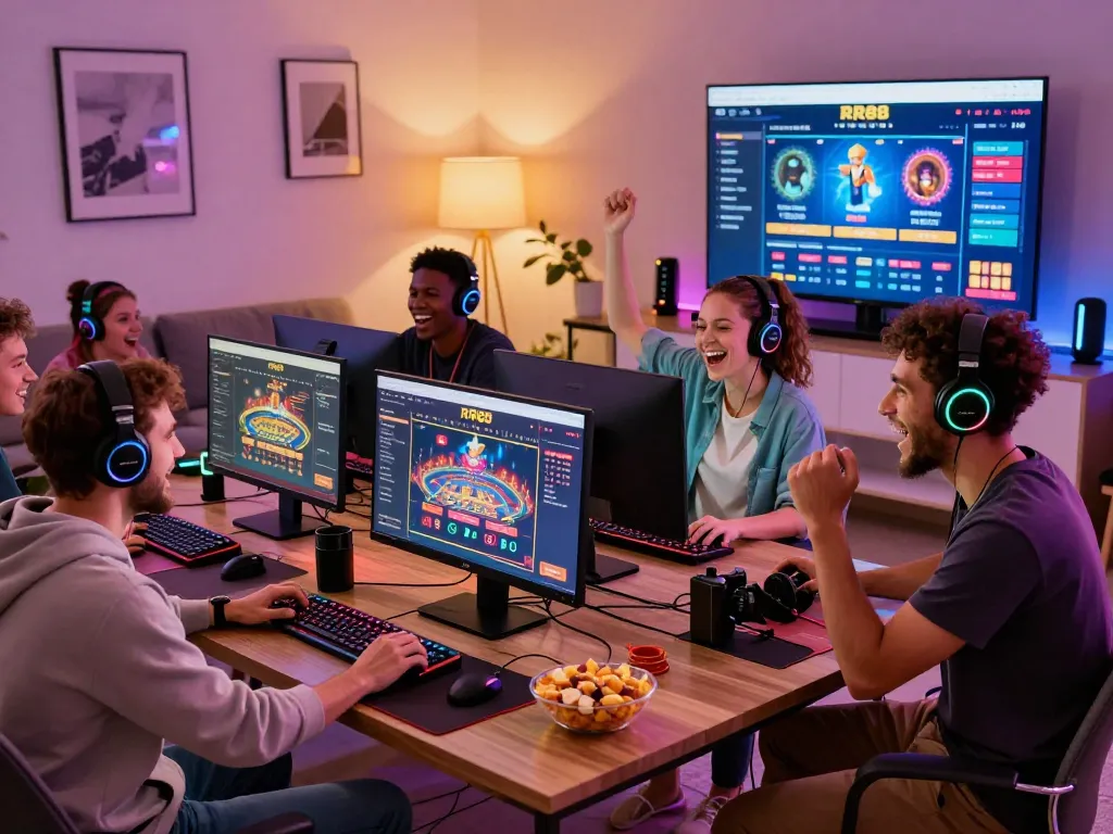 Friends enjoying a thrilling gaming session on RR88 website in a lively atmosphere