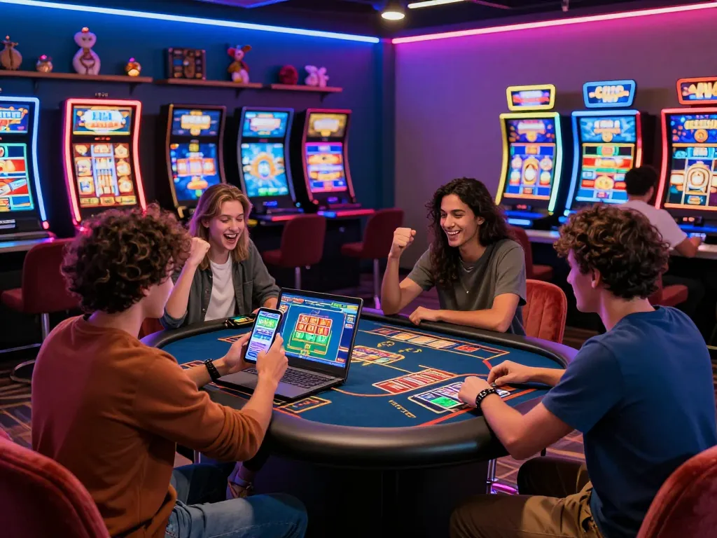 A lively online gaming scene with diverse players enjoying ligasedayu gaming experience at a digital table with vibrant slot machines.