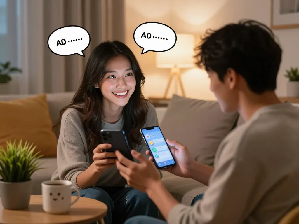 Engaging ai porn chat scene with a user interacting with a charming AI persona in a cozy room setting.