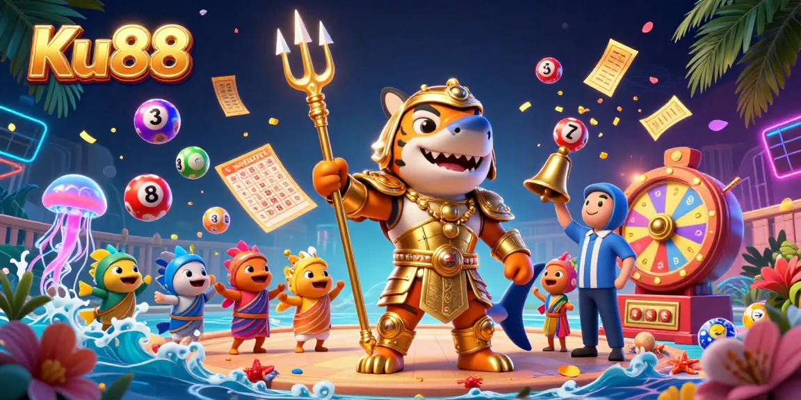 Experience Ku88's thrilling underwater casino world with a golden gladiator shark and vibrant game elements.
