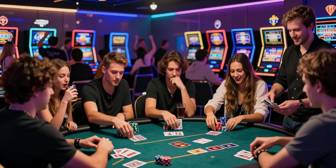 Competitive slot poker game in a vibrant casino with energetic players
