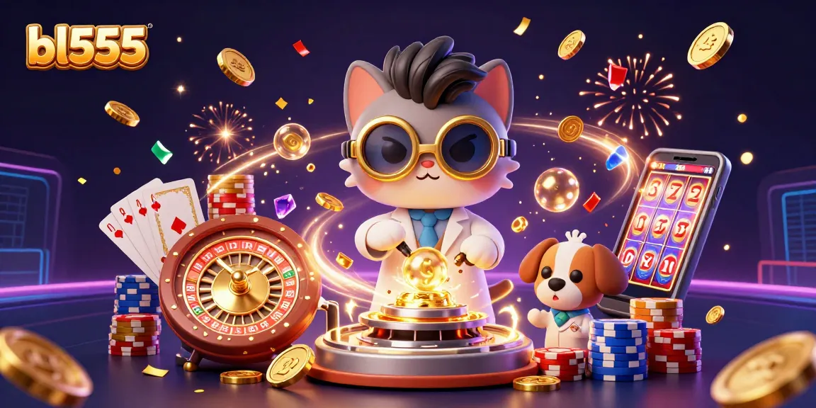 Experience the thrill of gambling with bl555 as fun characters create golden coins amidst vibrant casino elements.