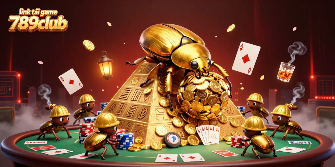 Join the adventure with the link tải game 789club, featuring a golden beetle on a pyramid of coins amidst a lively casino scene.