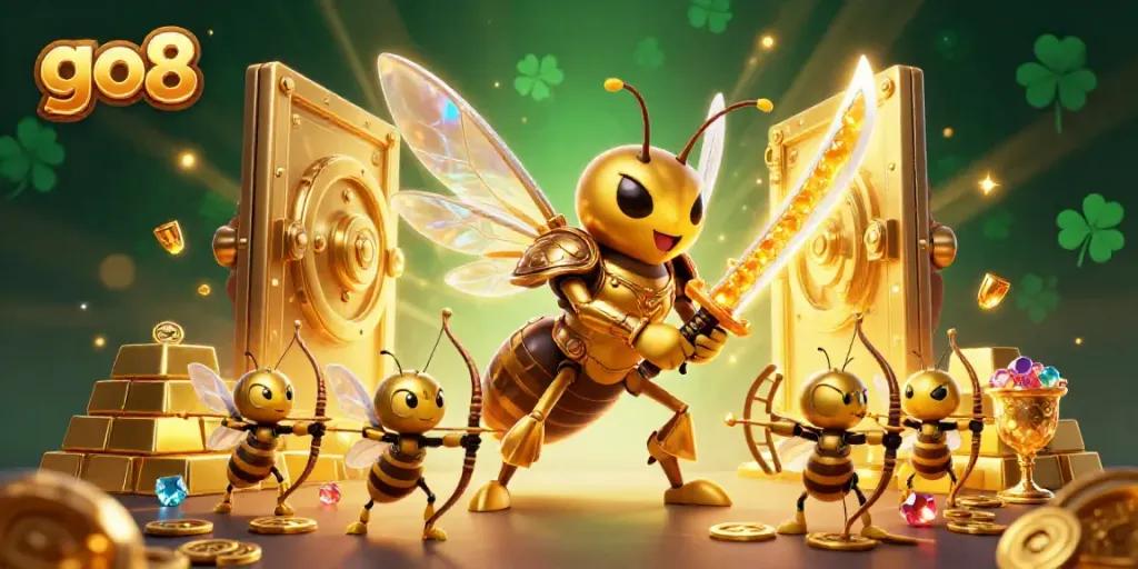 Experience the thrilling world of GO8 with a golden hornet samurai leading bee archers in a vibrant casino scene.