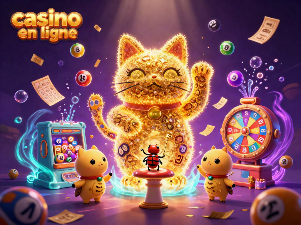 Le casino en ligne avec un chat chanceux et des ballons colorés dynamise les jeux d'argent.