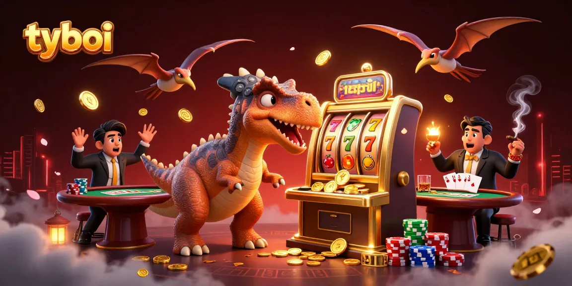 Catch golden coins at TYBOI with an exciting slot machine jackpot scene featuring dinosaurs.