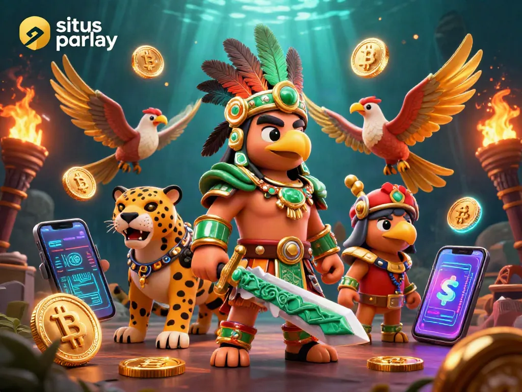 Win big with situs parlay in this vibrant 3D casino scene featuring Aztec warriors and crypto coins.