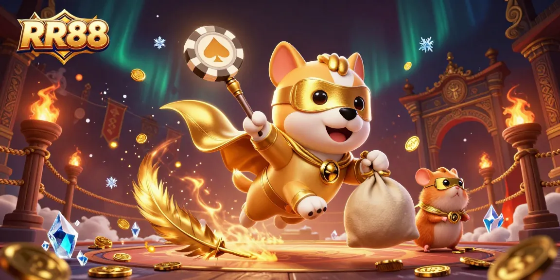 Witness RR88's action-packed casino scene with a superhero dog and hamster amidst gold coins and dynamic elements.