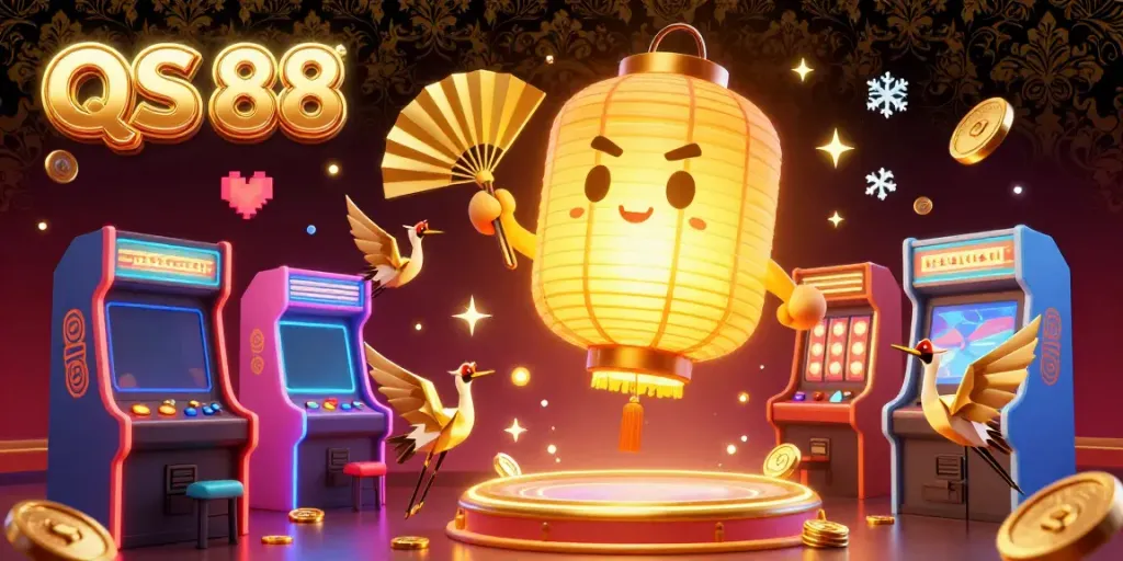 Experience the vibrant casino magic with QS 88's colorful 3D gaming elements and golden lantern spirit.