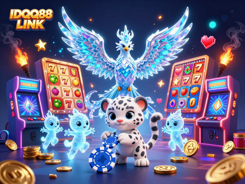 Engage in exciting gameplay with IDQQ88 LINK, featuring vibrant slot reels, an ice phoenix, and glowing game elements.