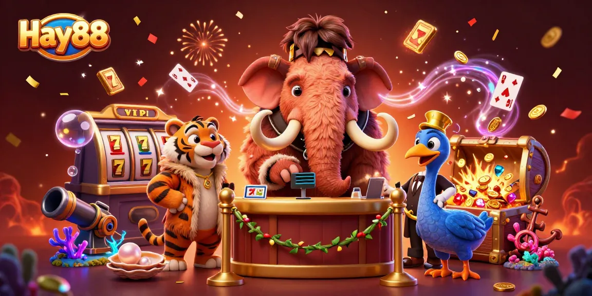 Experience thrilling gaming adventures at Hay88 with cartoon characters celebrating amidst vibrant casino elements.