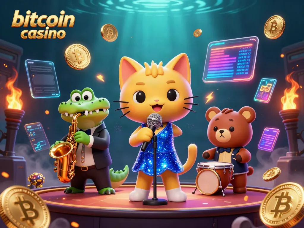 Experience the vibrant energy of a bitcoin casino with animated characters and crypto elements