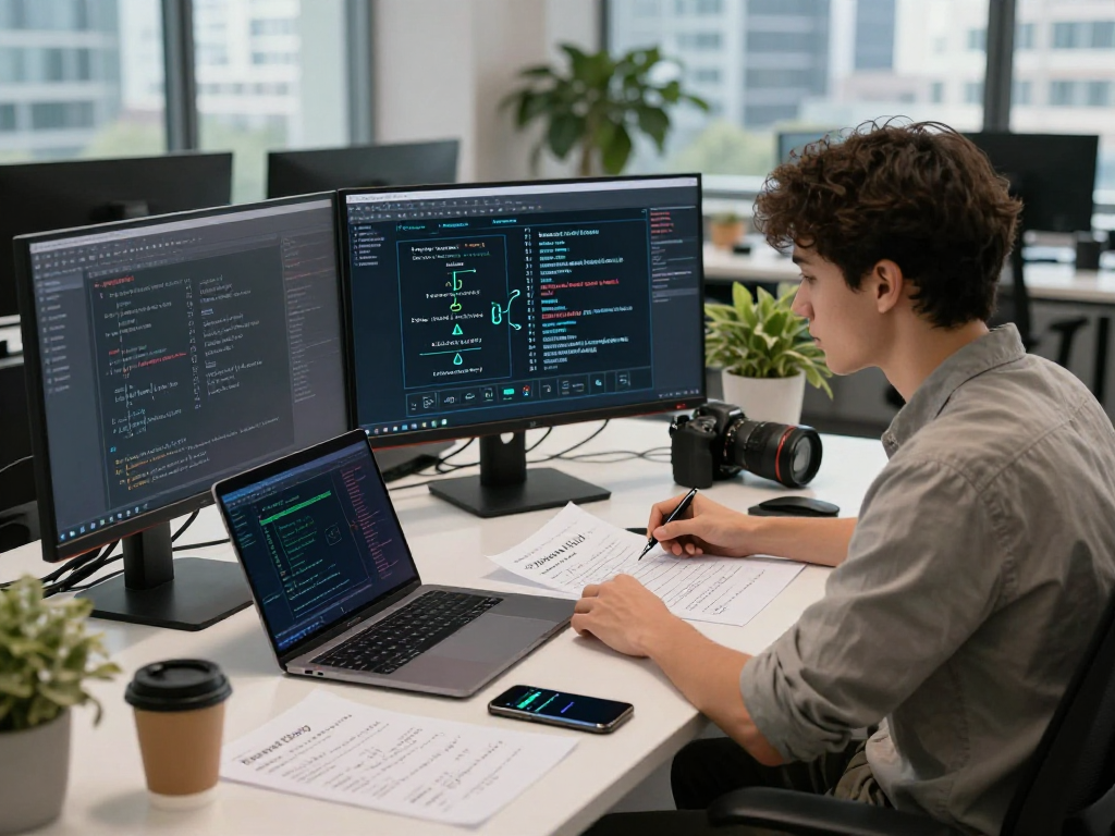 Developer researching tornardocash technology in a modern office, analyzing cryptocurrency protocols and blockchain transactions.