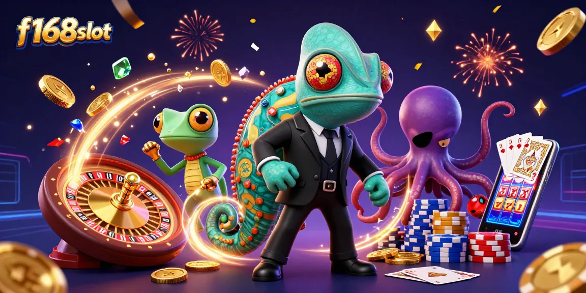 Experience thrilling wins with f168slot's dynamic casino scene featuring exciting slot games and vibrant characters.