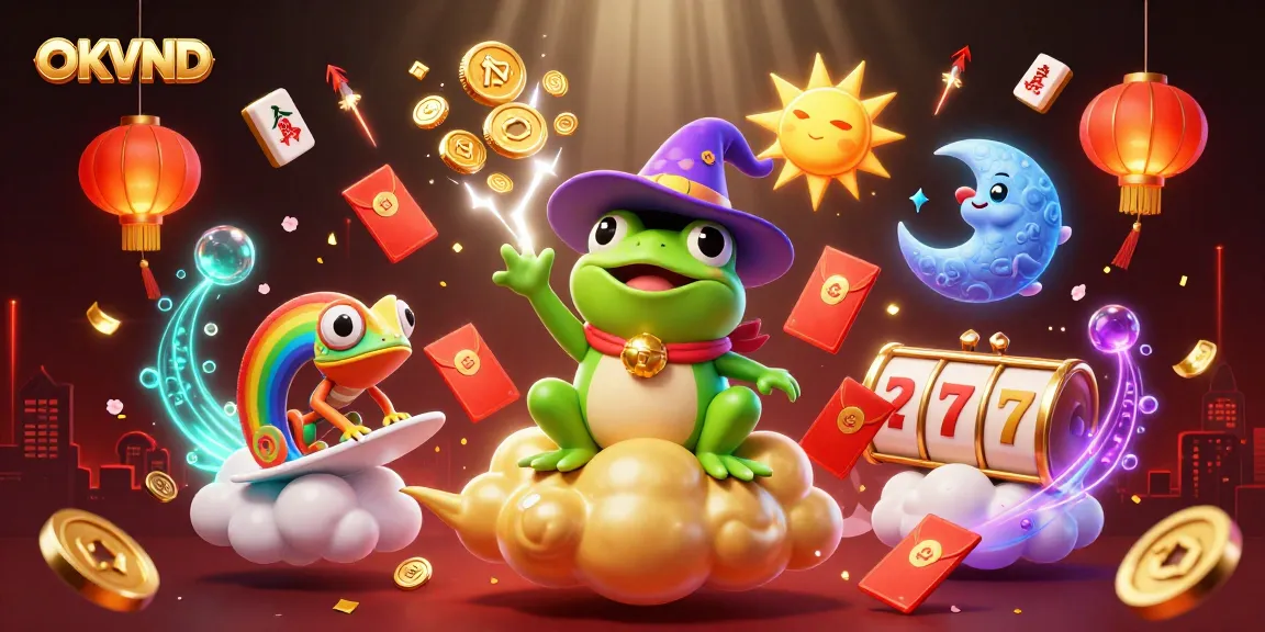 Experience the thrill of gaming with OKVND's vibrant casino scene featuring golden coins and slot elements.