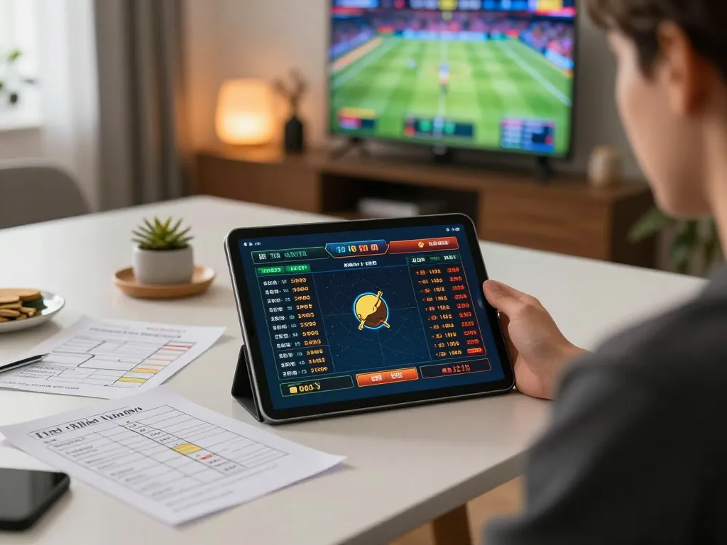 LGO GOAL highlights competitive sports betting on a tablet surrounded by strategic notes, capturing online gambling excitement.