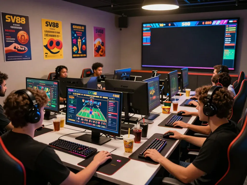 Diverse players enjoying SV88 games in a vibrant, high-tech gaming environment with multiple screens and promotional displays.
