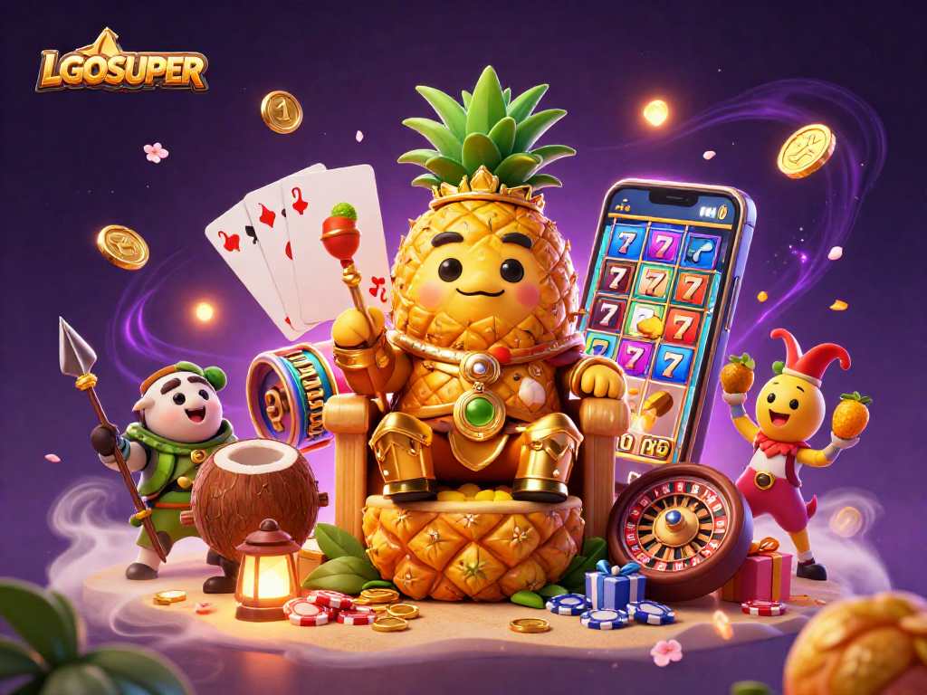 Experience vibrant gaming with LGOSUPER, featuring a golden pineapple king and dynamic slot elements.