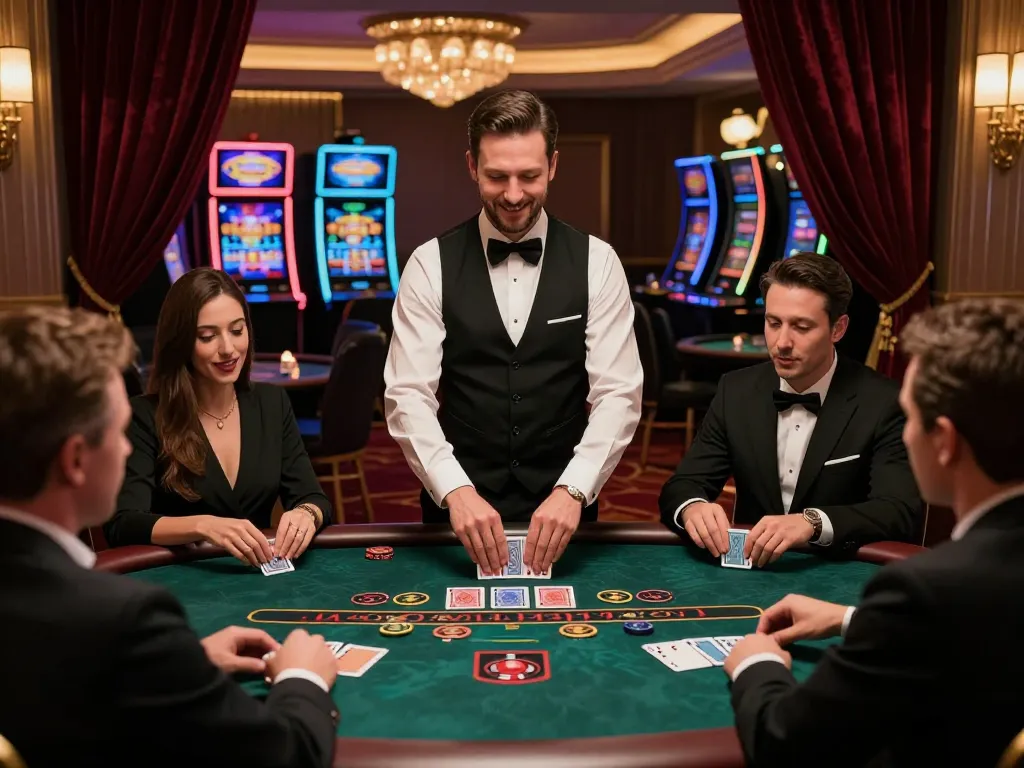 Engaged players enjoying blackjack at 789betcom live casino with a professional dealer in an upscale ambiance.