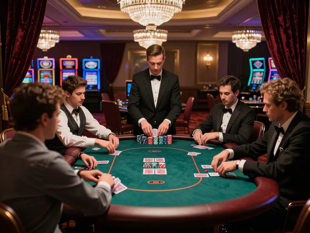 Players strategizing bets at 88clbgo's upscale poker table in an elegant casino setting