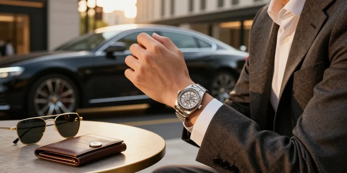 Stylish person showcasing a rolex super clone watch in a luxurious urban setting.