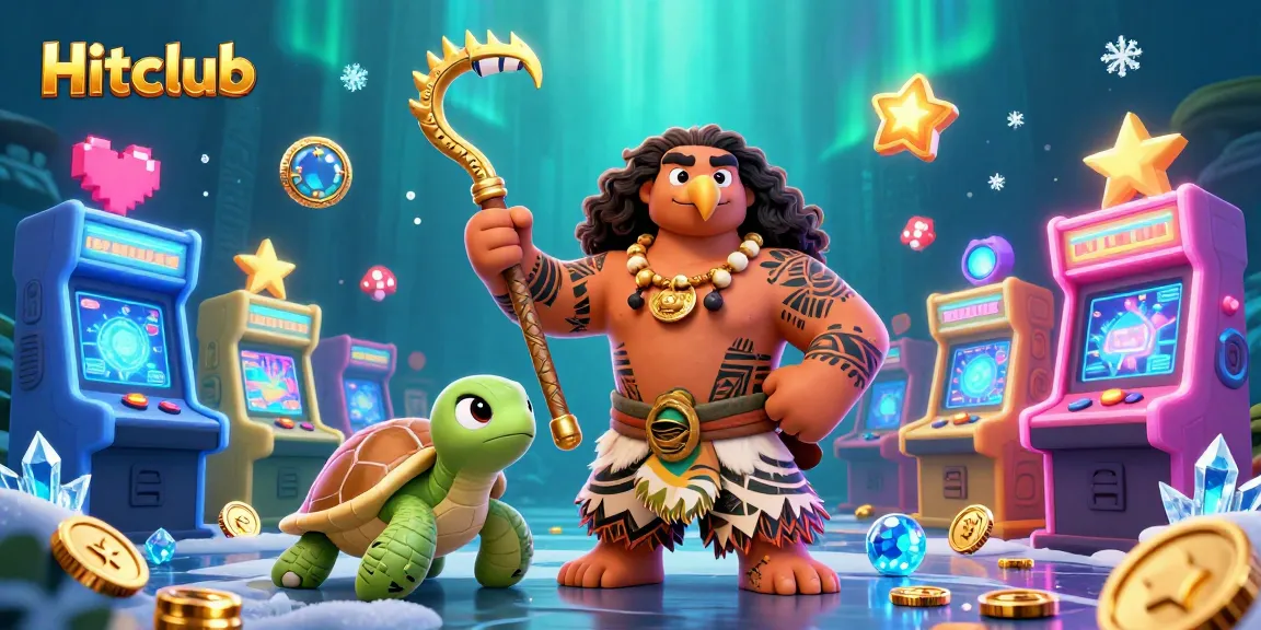 Hitclub features dynamic gaming action with a Polynesian demigod and arcade machines in a vibrant casino setting.