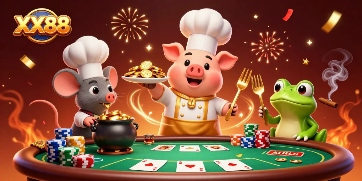 Engage with the colorful excitement of XX88 casino, featuring a gourmet gold coin feast and poker elements.