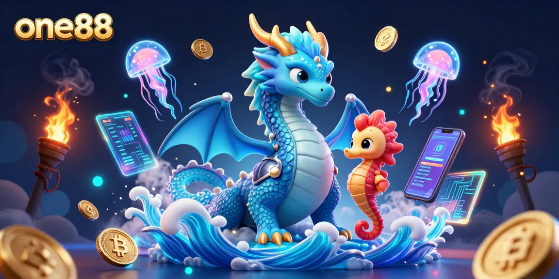Experience thrilling adventure with one88 as a majestic azure water dragon and coral armored seahorse fortify crypto gaming.