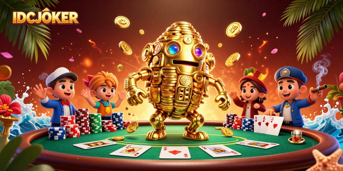 Spin and win big with IDCJOKER's vibrant 3D slot scene featuring golden golem and poker elements.