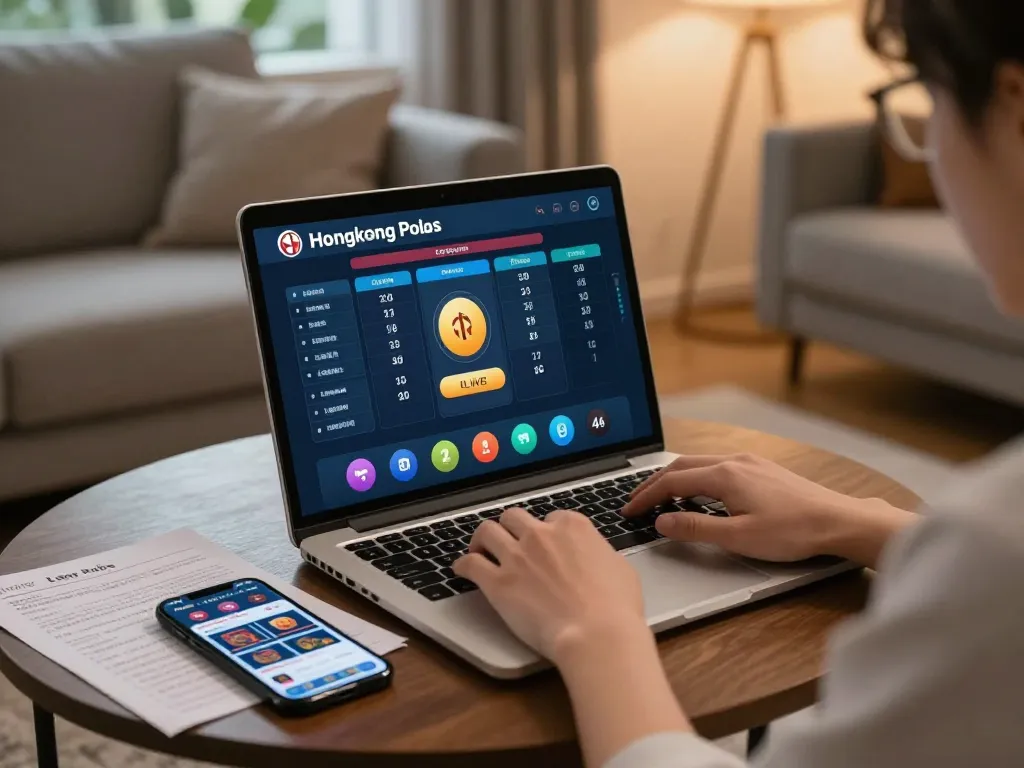 Player analyzing Hongkong Pools numbers on laptop in a cozy home setting, enhancing gaming strategy.