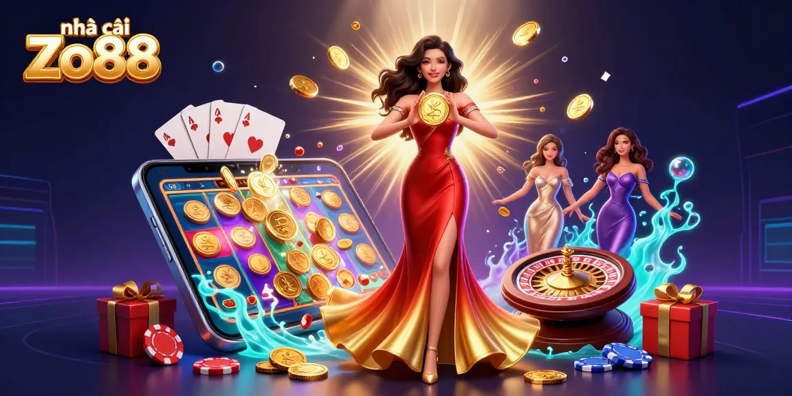 Engage in exciting play at nhà cái Zo88 with a stunning illustration of an Asian woman celebrating wins amidst dynamic gaming elements.