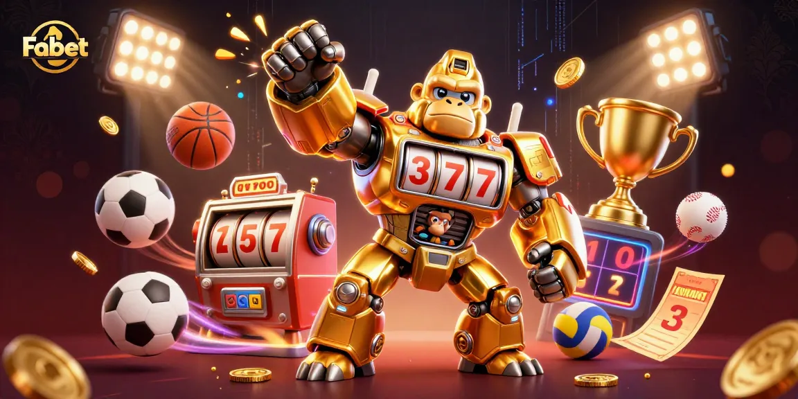 Experience Fabet's thrilling dynamic with a golden gorilla mech and flying sports elements in 3D illustration.