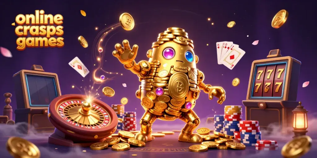 Play online craps games with excitement through an energetic 3D scene of a golden golem and casino elements.