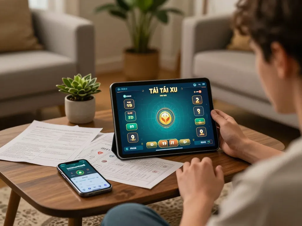 Player engaging in online Tài Xỉu at home using taixiuonline8 app, showcasing strategy notes and warm ambiance