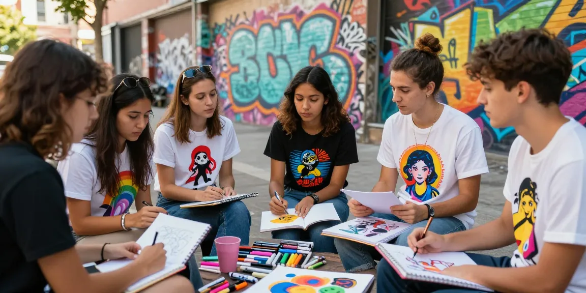 Engaged group of young adults showcasing vibrant custom t shirt printing designs in an urban setting.