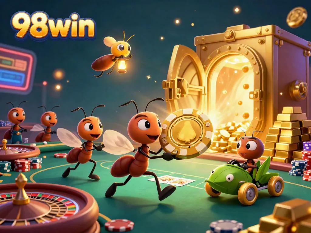 Experience thrilling casino action with the 98win team of ants stealing a massive golden poker chip.