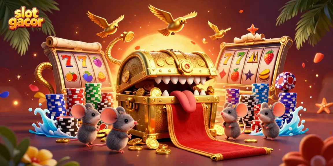 Experience the excitement of slot gacor with vibrant slot reels and a treasure chest, captivating players.