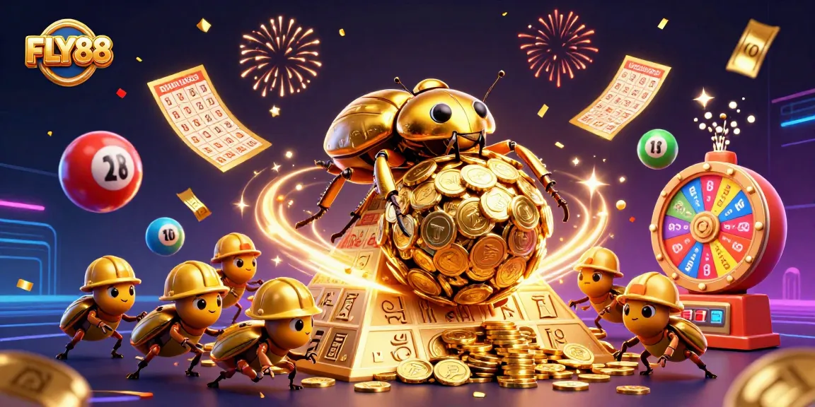 FLY88 brings excitement by showcasing a golden dung beetle rolling coins among vibrant casino elements.