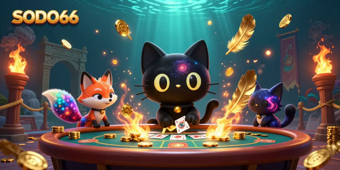 SODO66's cosmic casino features a captivating black hole cat and a nebula fox amidst swirling golden chips.