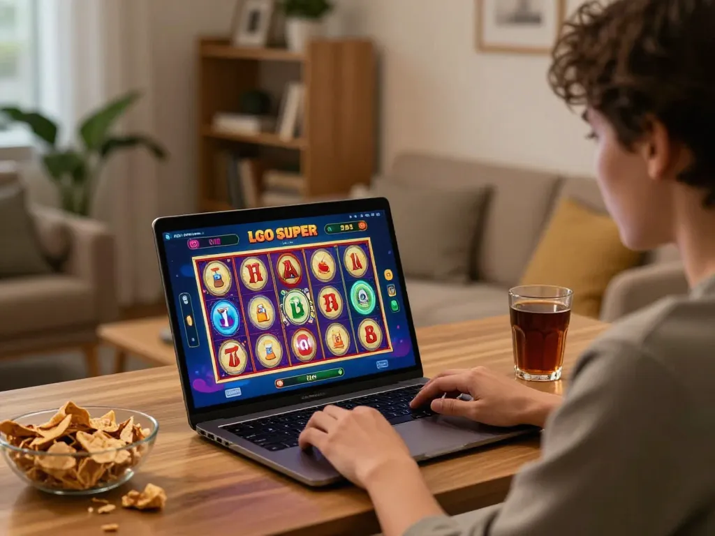 Experience thrilling gameplay with LGO SUPER slots on a laptop in a cozy home setting.