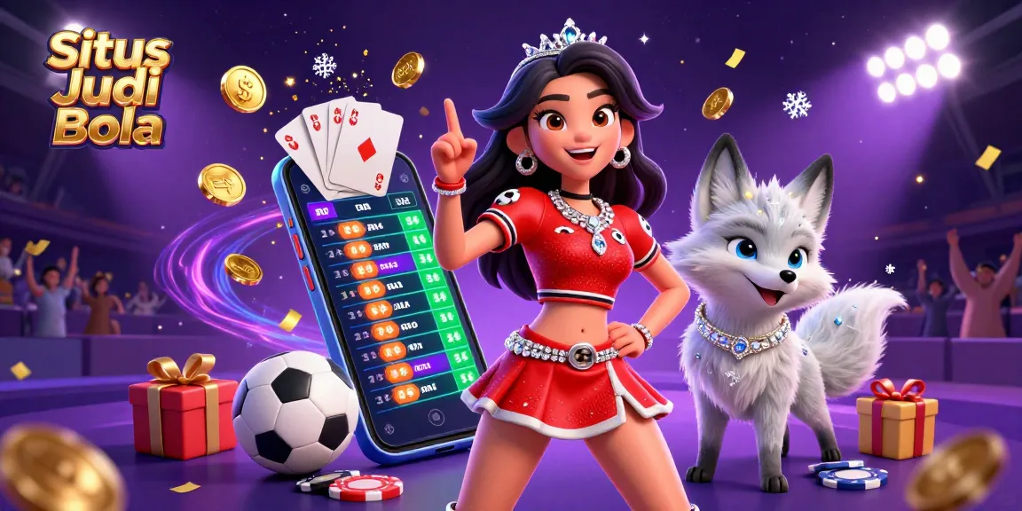 Situs Judi Bola invites online sports betting excitement with a dynamic woman and arctic fox in a lively 3D illustration.