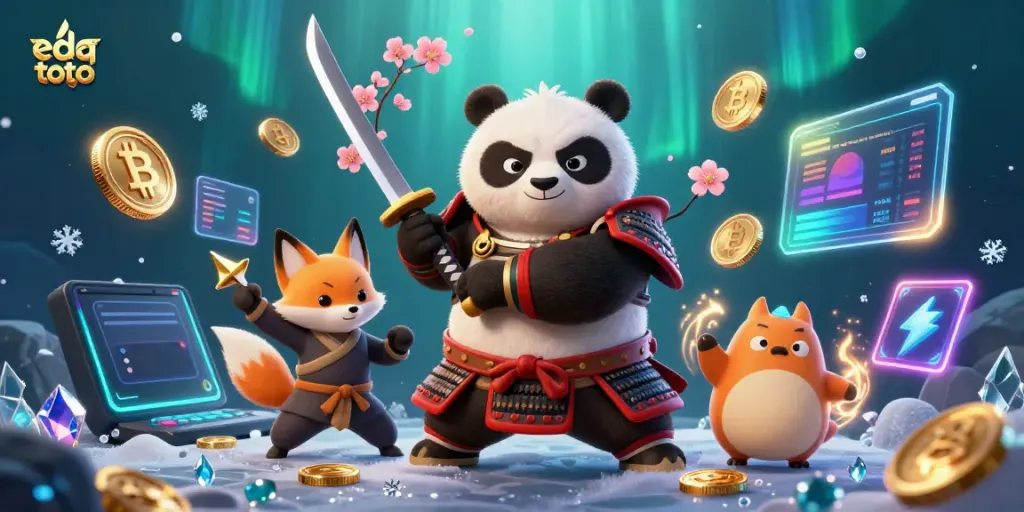 Experience the thrill of eda toto with this dynamic, action-packed 3D illustration of a samurai panda and ninja fox in a vibrant casino-themed scene.