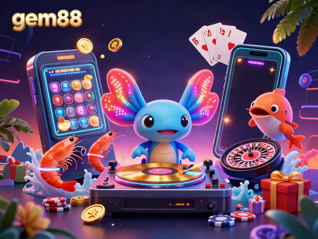 Experience the vibrant excitement of gem88 with lively characters celebrating casino games and slot winnings in a colorful underwater scene.